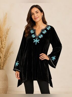 Rocki Gorman Santa Fe XXL Black Velvet Turquoise Dragonfly Embellished Tunic
